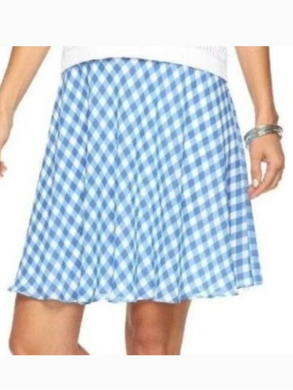 Chaps Georgette Skirt Womens S Blue White Plaid Lined Elastic Waist